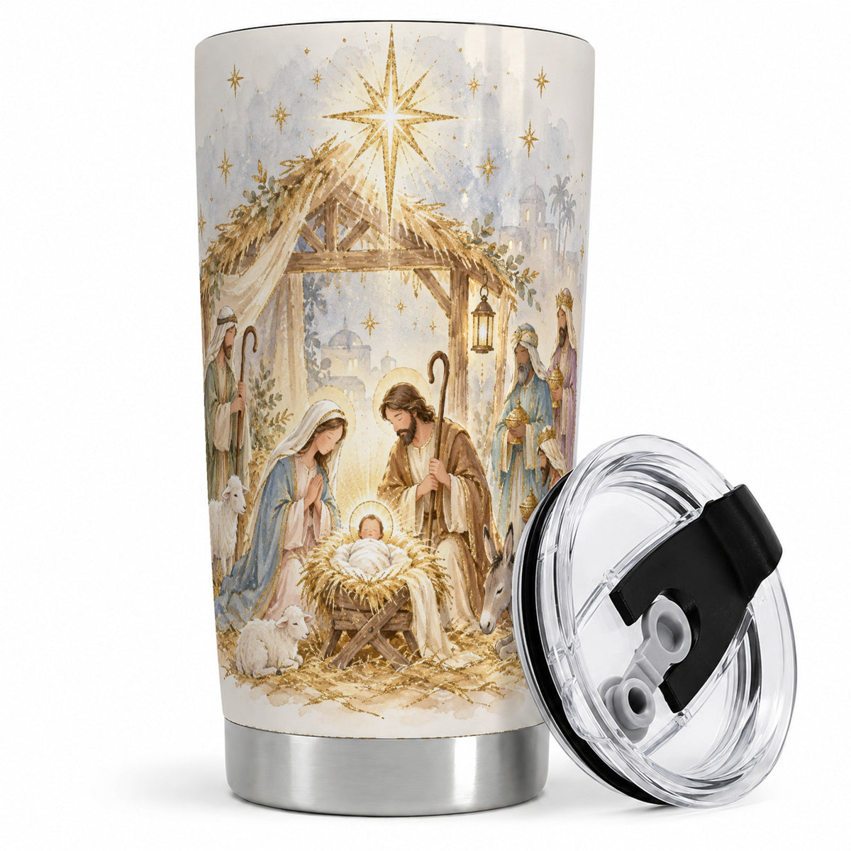 Nativity Scene Tumbler, 20oz Tumbler with Watercolor Christmas Artwork
