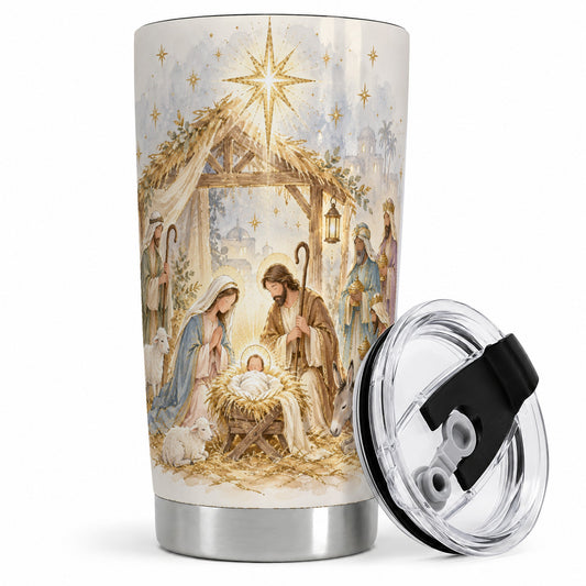 Nativity Scene Tumbler, 20oz Tumbler with Watercolor Christmas Artwork