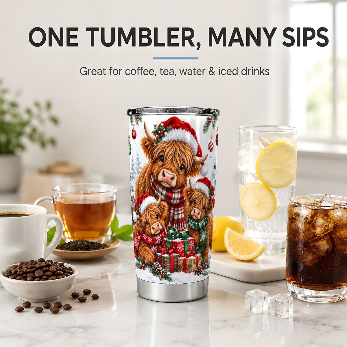 #pl[20oz|Steel] Christmas Highland Cow Tumbler, 20oz Tumbler with Winter Farm Artwork