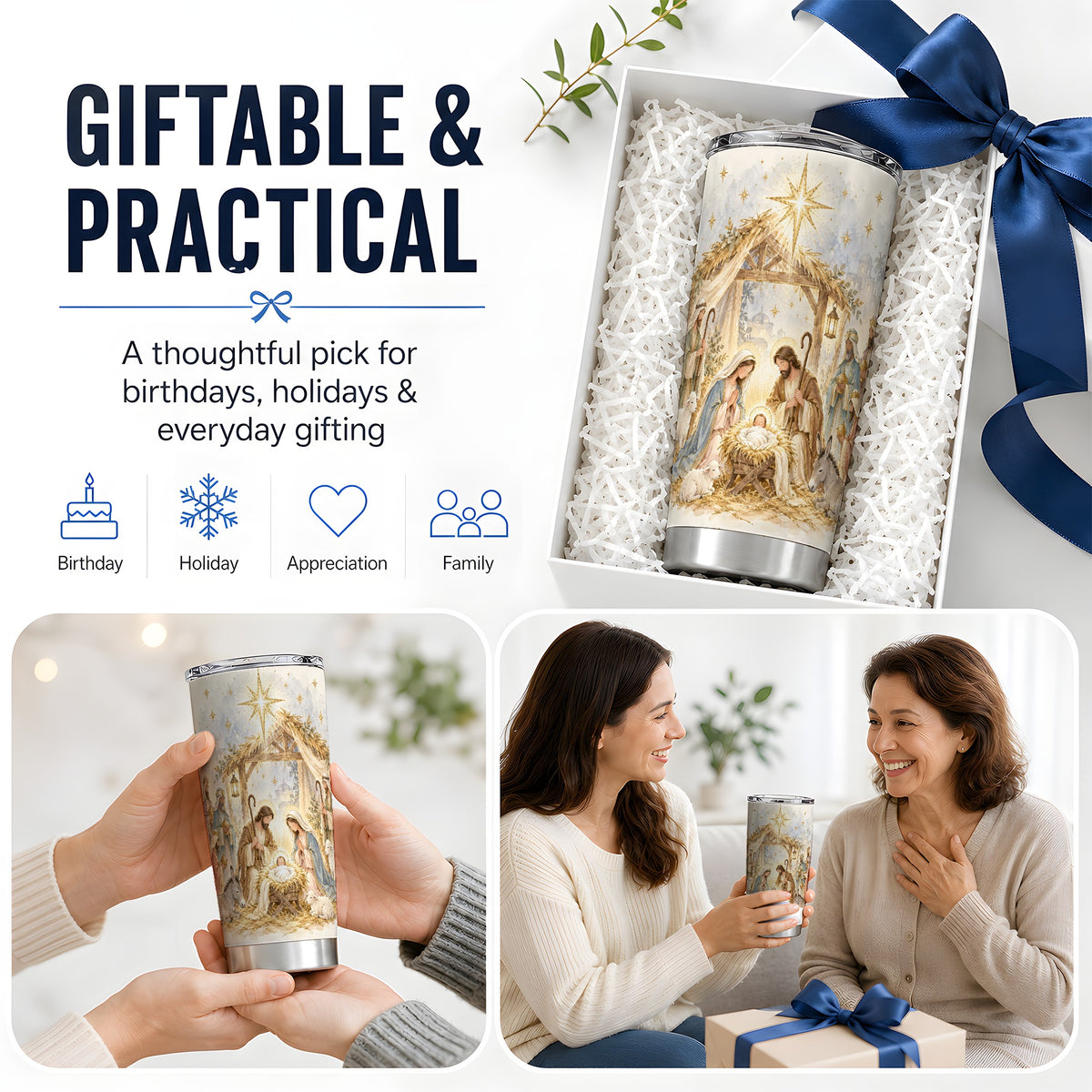 #pl[20oz|Steel] Nativity Scene Tumbler, 20oz Tumbler with Watercolor Christmas Artwork