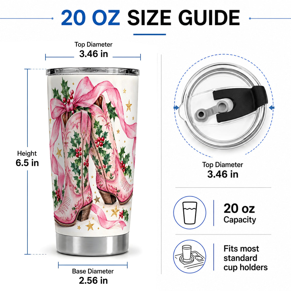 #pl[20oz|Steel] Pink Western Boots Tumbler, 20oz Tumbler with Christmas Holly Artwork