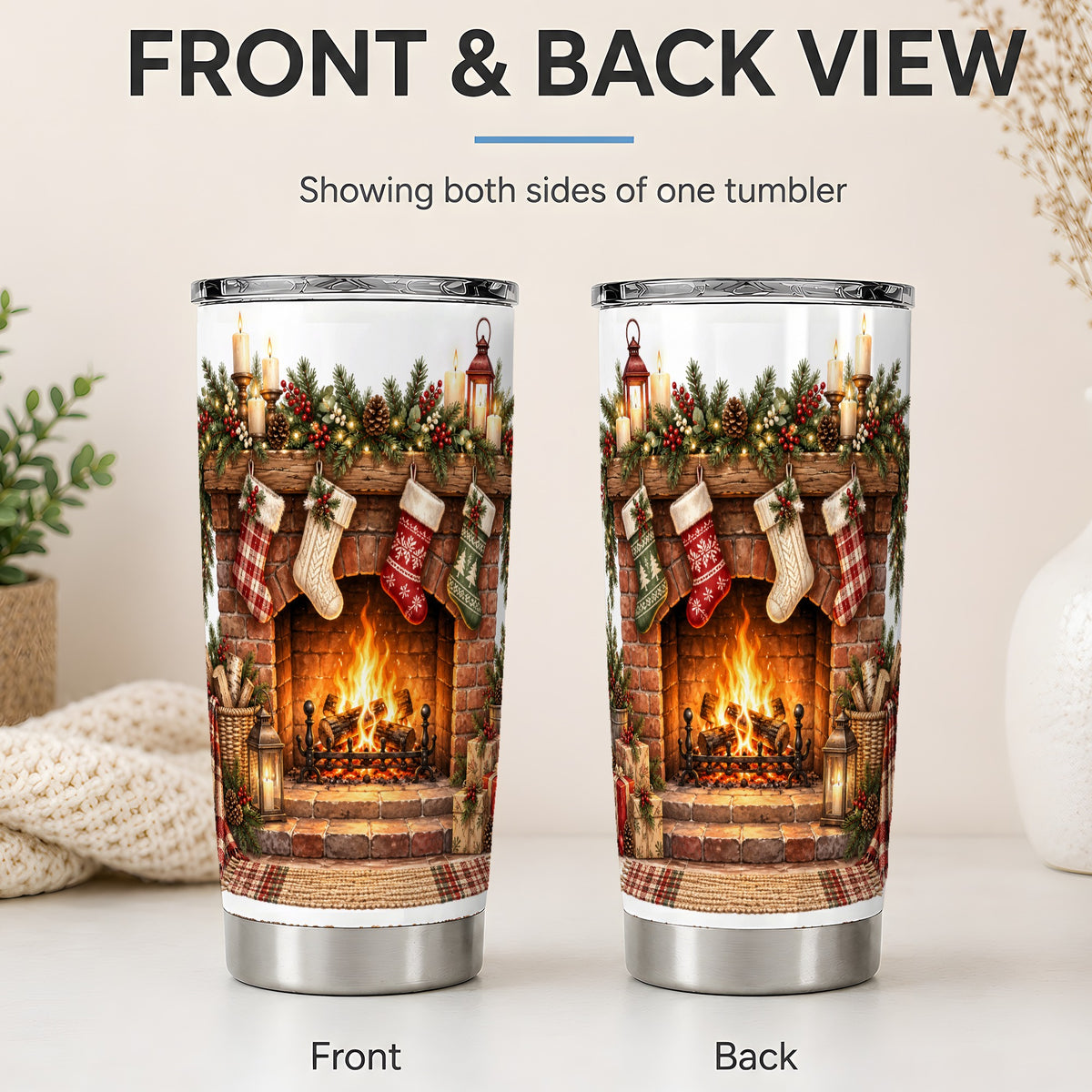 #pl[20oz|Steel] Christmas Fireplace Tumbler, 20oz Tumbler with Cozy Holiday Artwork