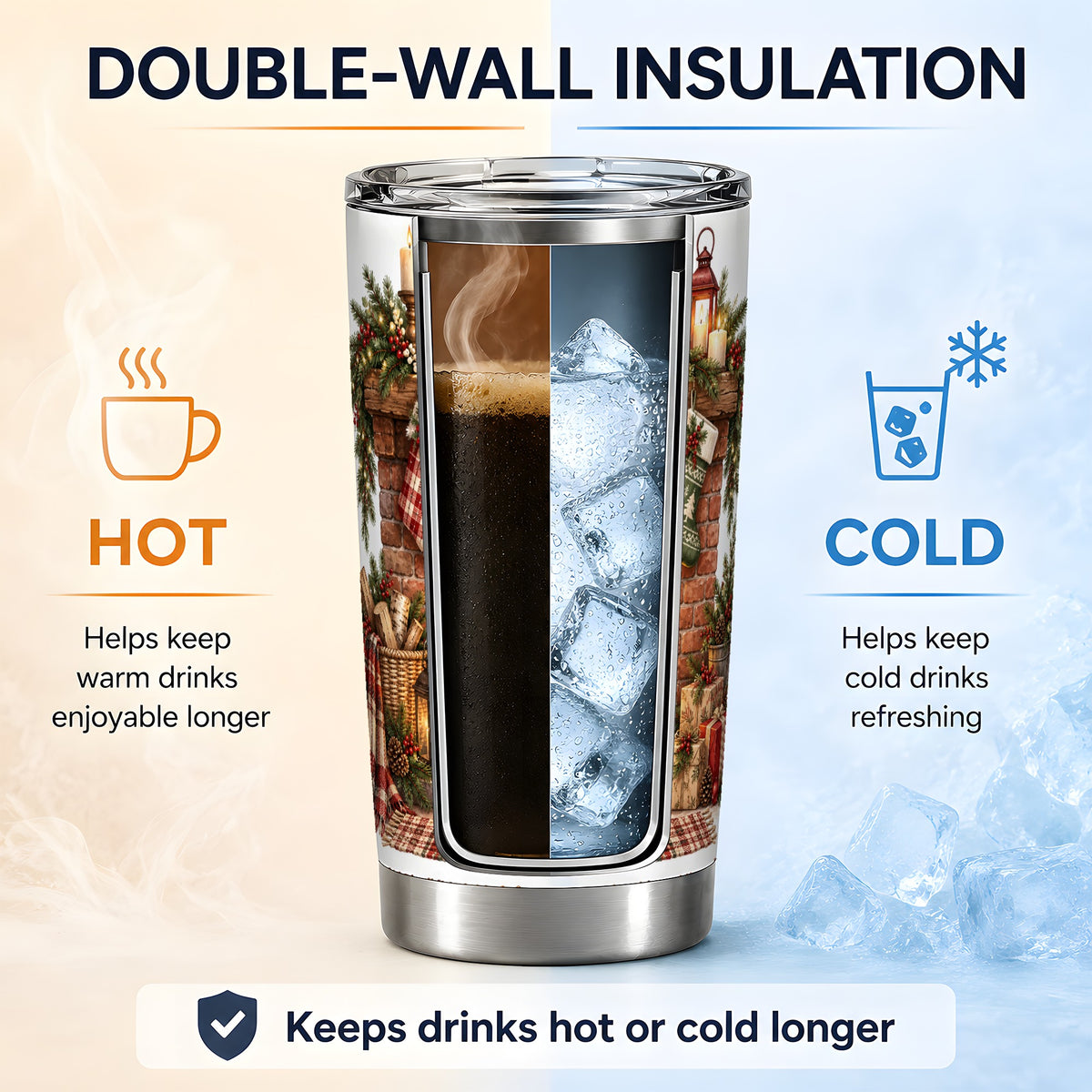#pl[20oz|Steel] Christmas Fireplace Tumbler, 20oz Tumbler with Cozy Holiday Artwork