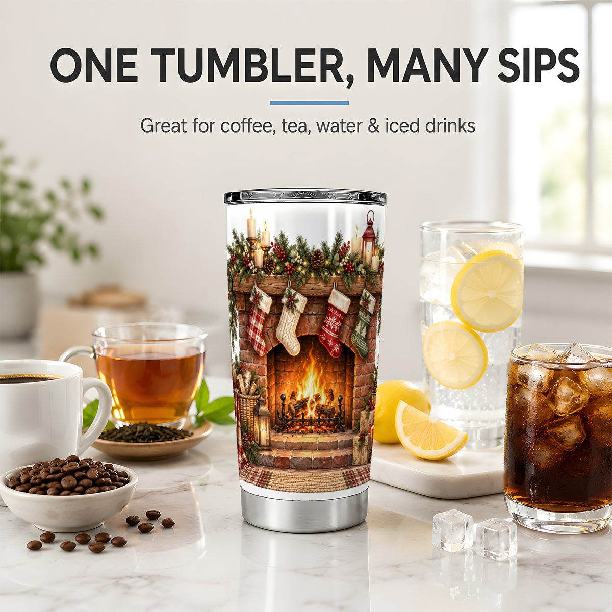 #pl[20oz|Steel] Christmas Fireplace Tumbler, 20oz Tumbler with Cozy Holiday Artwork