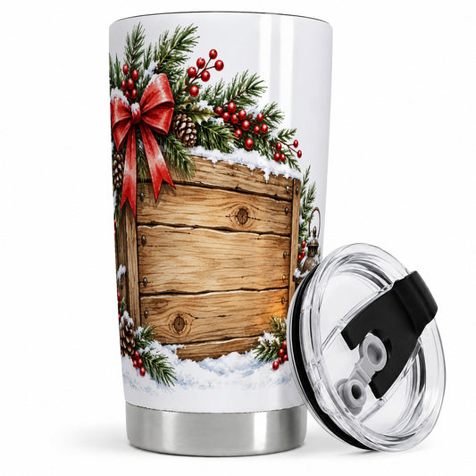 Rustic Christmas 20oz Stainless Steel Tumbler, Evergreen Bow Artwork