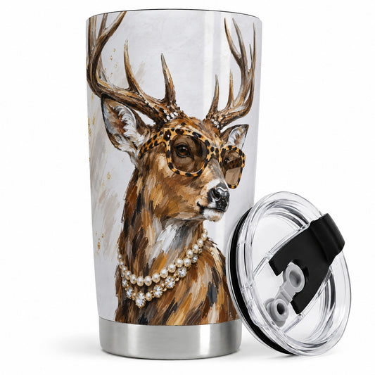 Preppy Deer 20oz Stainless Steel Tumbler, Leopard Glasses Portrait