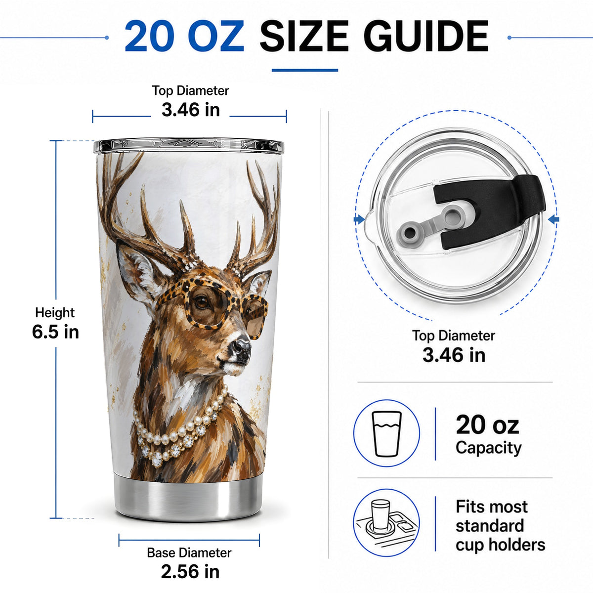 #pl[20oz|Steel] Preppy Deer 20oz Stainless Steel Tumbler, Leopard Glasses Portrait