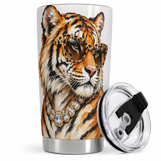 Preppy Tiger 20oz Stainless Steel Tumbler, Leopard Glasses Portrait
