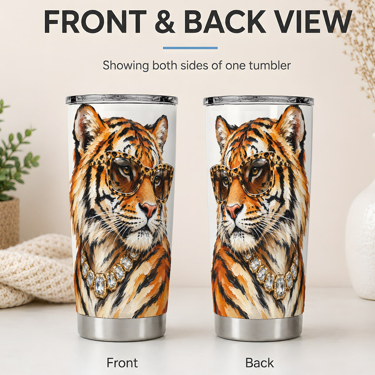 #pl[20oz|Steel] Preppy Tiger 20oz Stainless Steel Tumbler, Leopard Glasses Portrait