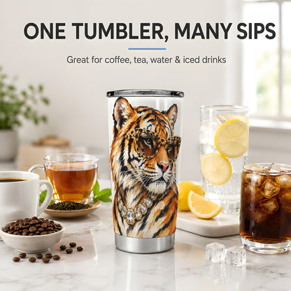 #pl[20oz|Steel] Preppy Tiger 20oz Stainless Steel Tumbler, Leopard Glasses Portrait