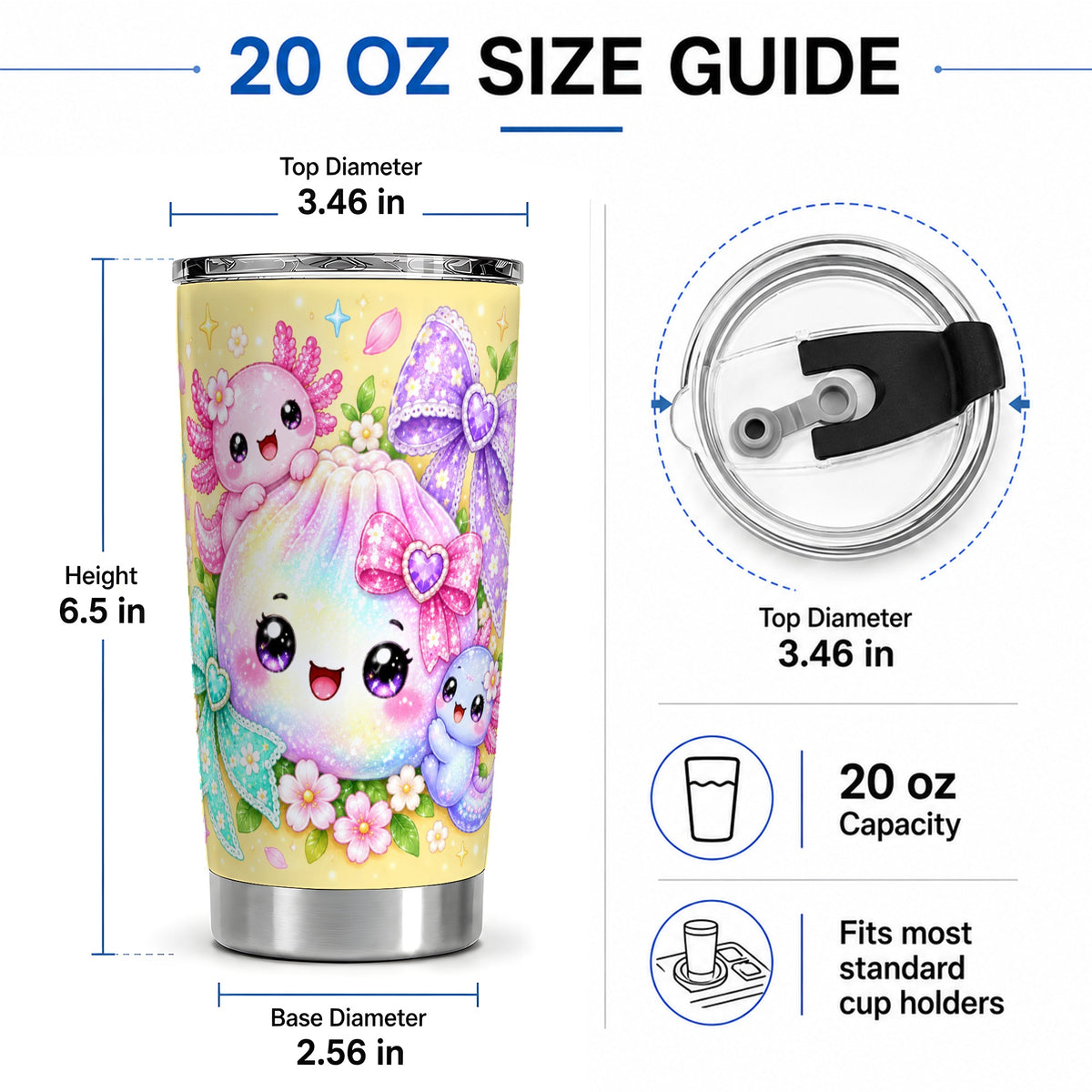 #pl[20oz|Steel] Kawaii Axolotl 20oz Stainless Steel Tumbler, Pastel Bow Floral Art