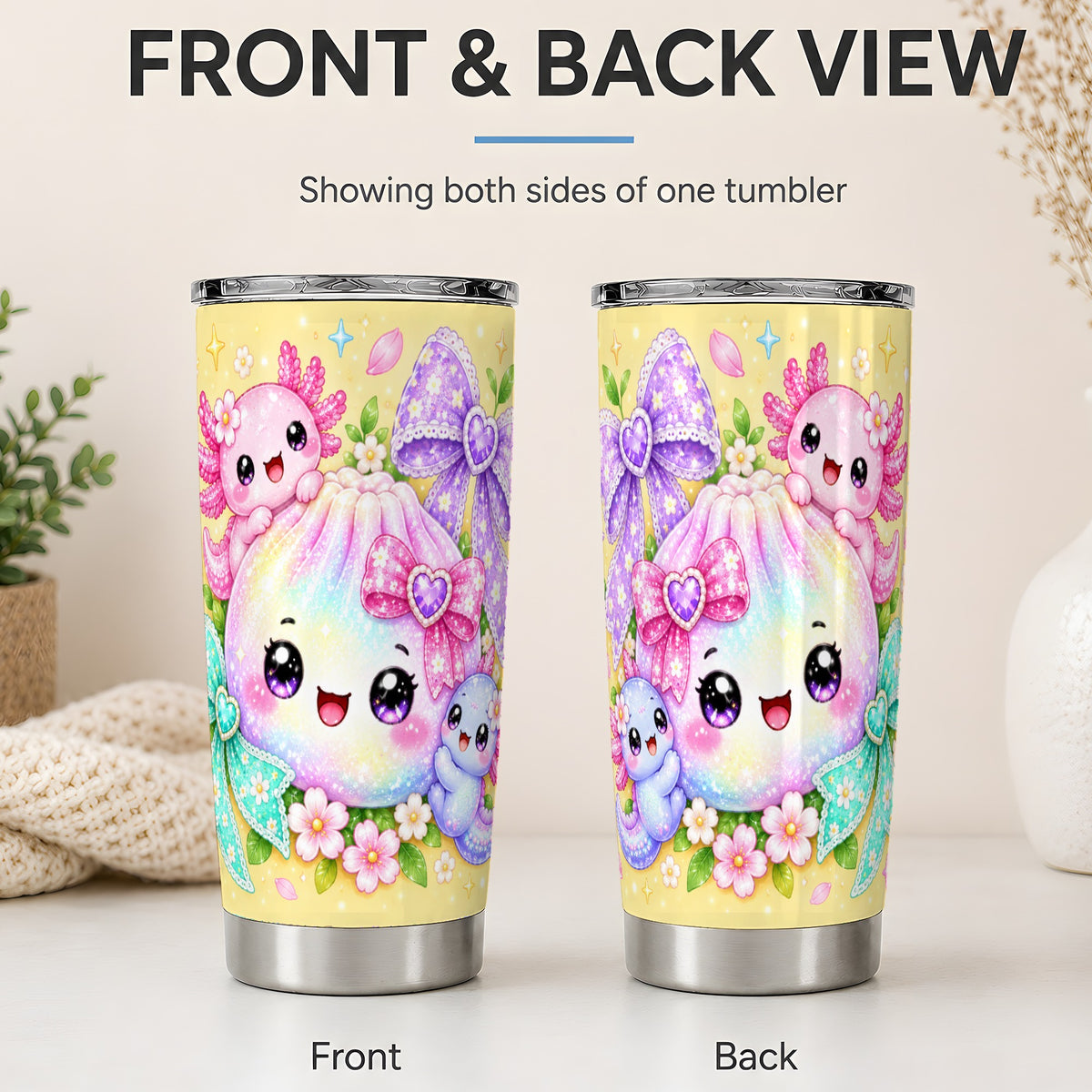 #pl[20oz|Steel] Kawaii Axolotl 20oz Stainless Steel Tumbler, Pastel Bow Floral Art