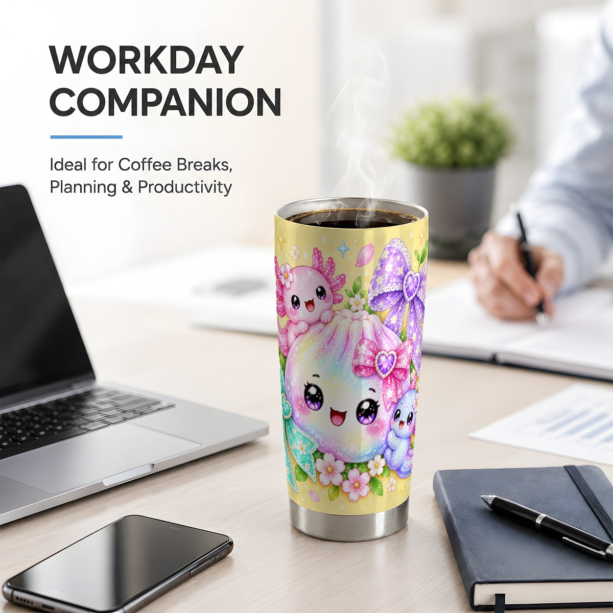 #pl[20oz|Steel] Kawaii Axolotl 20oz Stainless Steel Tumbler, Pastel Bow Floral Art