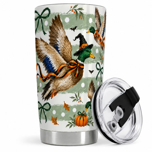 Halloween Mallard Duck 20oz Stainless Steel Tumbler, Witch Hat Art