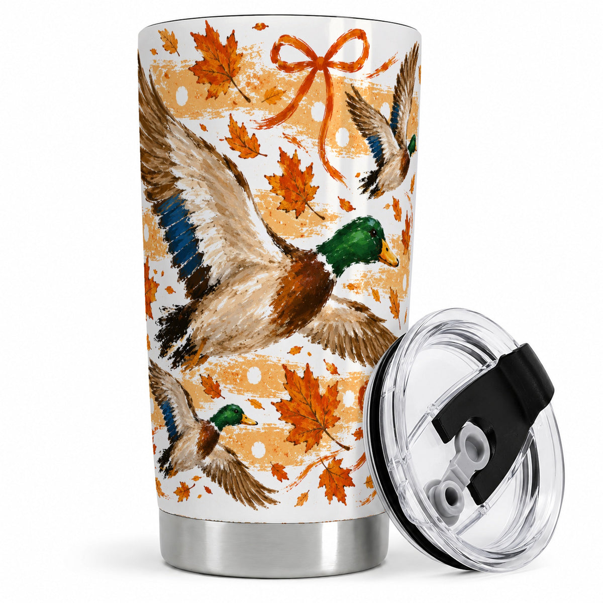 Fall Mallard Duck 20oz Stainless Steel Tumbler, Autumn Leaves Bow Art
