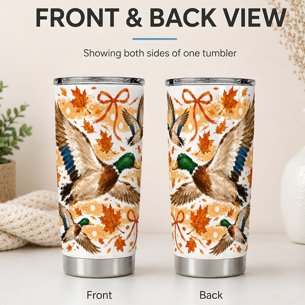 #pl[20oz|Steel] Fall Mallard Duck 20oz Stainless Steel Tumbler, Autumn Leaves Bow Art