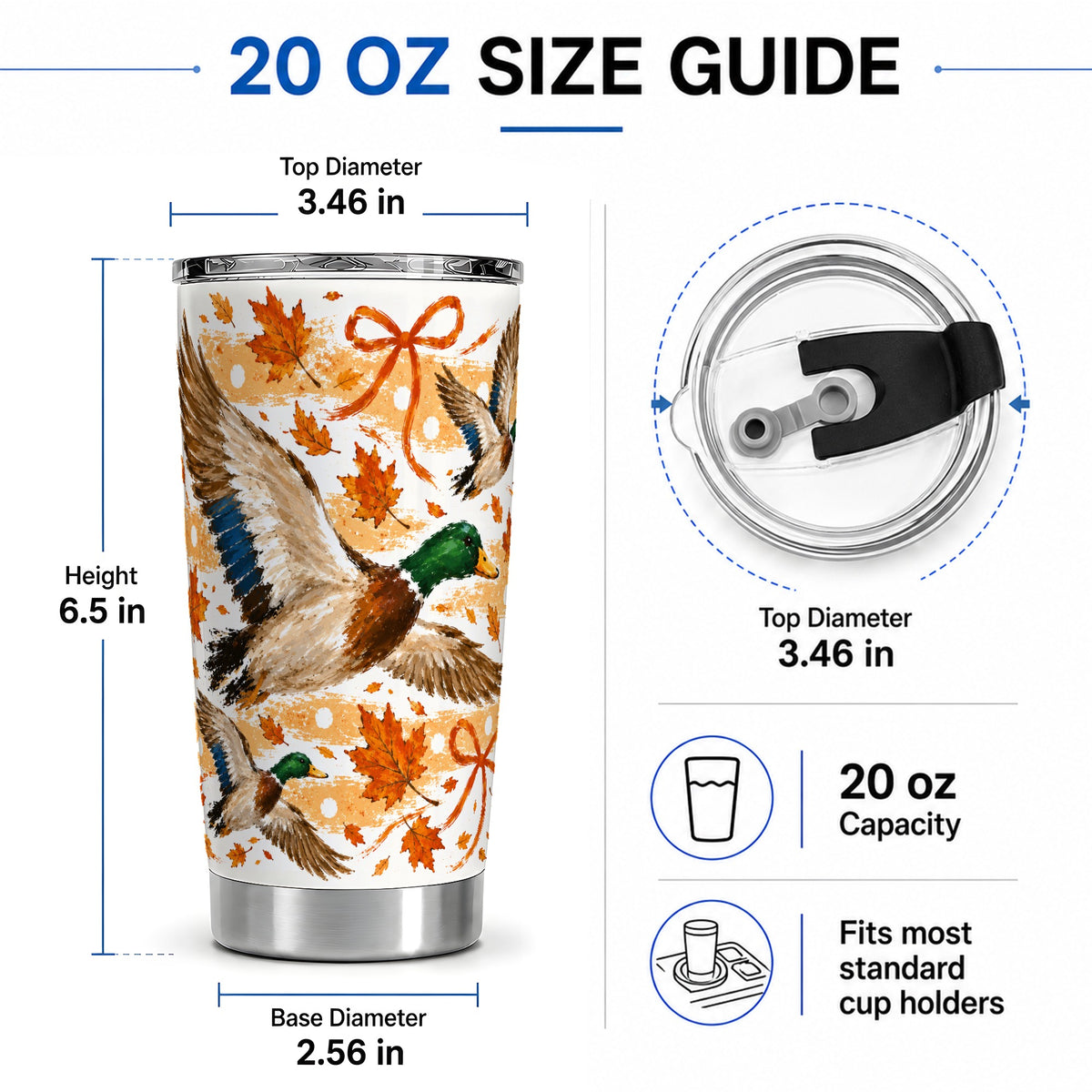 #pl[20oz|Steel] Fall Mallard Duck 20oz Stainless Steel Tumbler, Autumn Leaves Bow Art