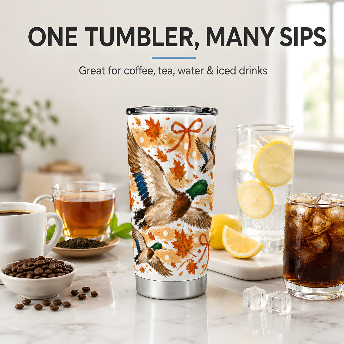 #pl[20oz|Steel] Fall Mallard Duck 20oz Stainless Steel Tumbler, Autumn Leaves Bow Art