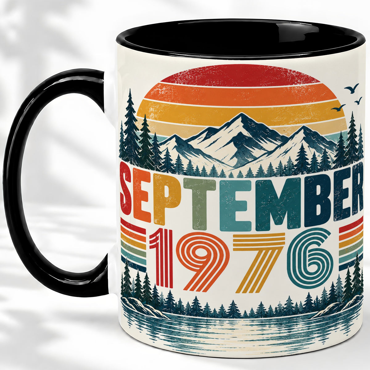 #pl[11oz|Black] September 1976 Retro Ceramic Mug, Mountain Forest Lake Design
