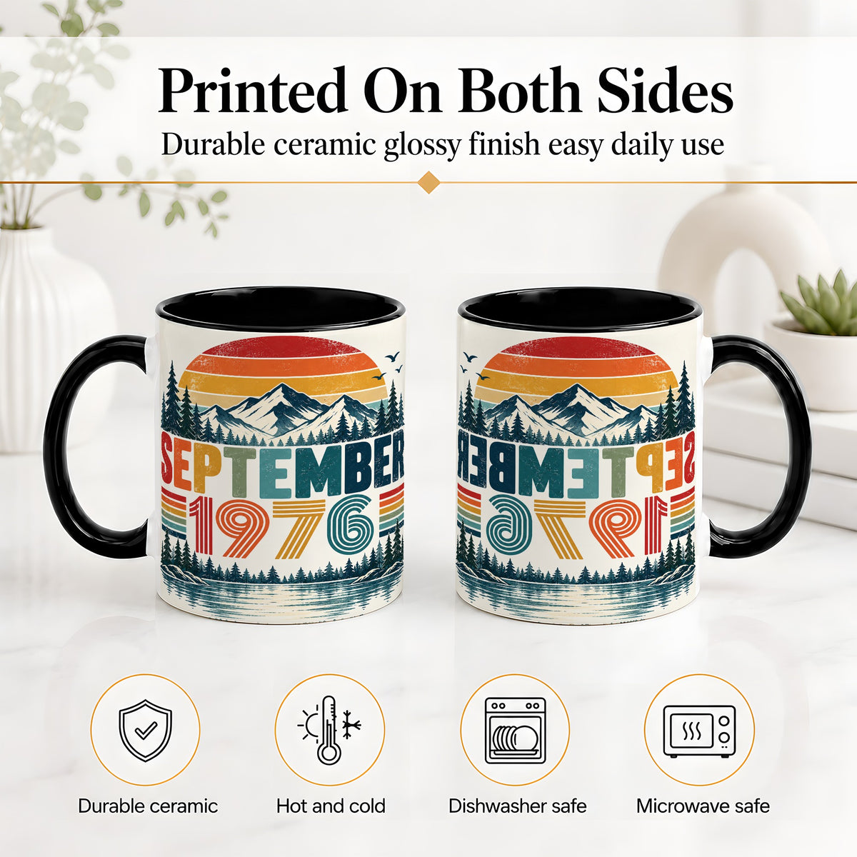 #pl[11oz|Black] September 1976 Retro Ceramic Mug, Mountain Forest Lake Design