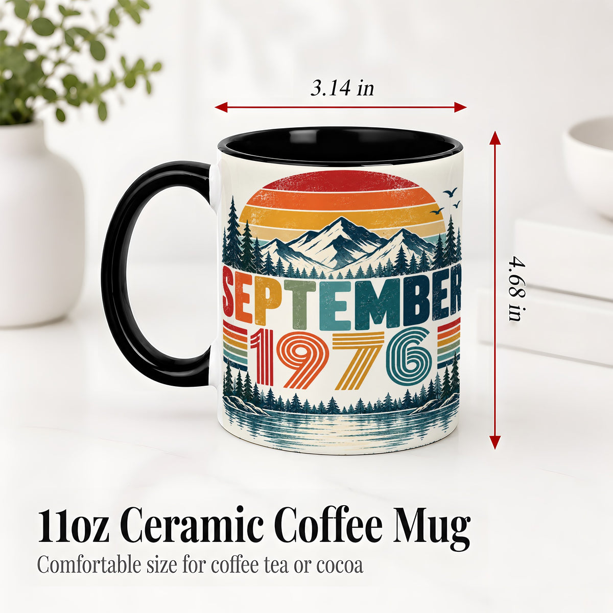 #pl[11oz|Black] September 1976 Retro Ceramic Mug, Mountain Forest Lake Design