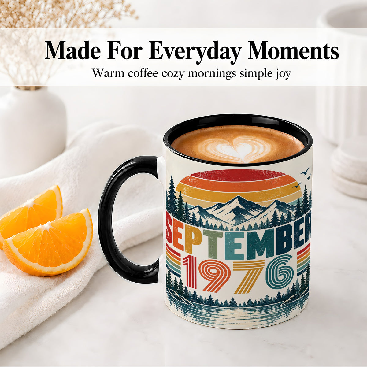 #pl[11oz|Black] September 1976 Retro Ceramic Mug, Mountain Forest Lake Design