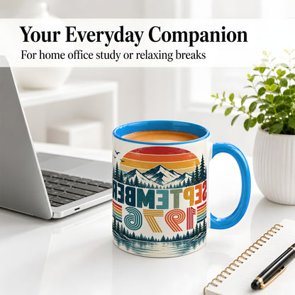 #pl[11oz|Blue] September 1976 Retro Ceramic Mug, Mountain Forest Lake Design