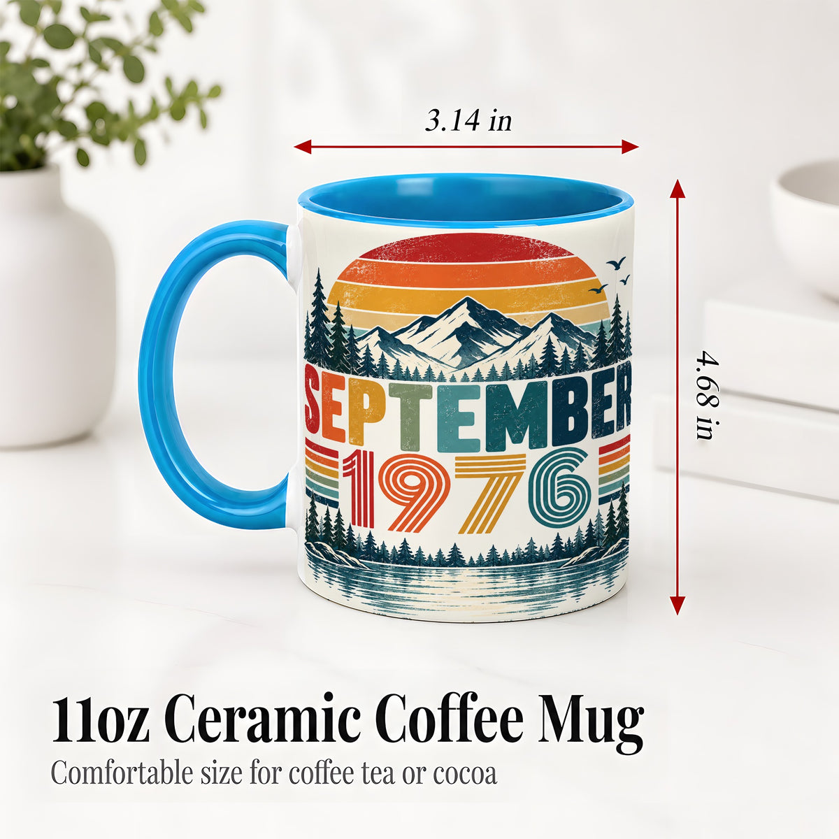 #pl[11oz|Blue] September 1976 Retro Ceramic Mug, Mountain Forest Lake Design