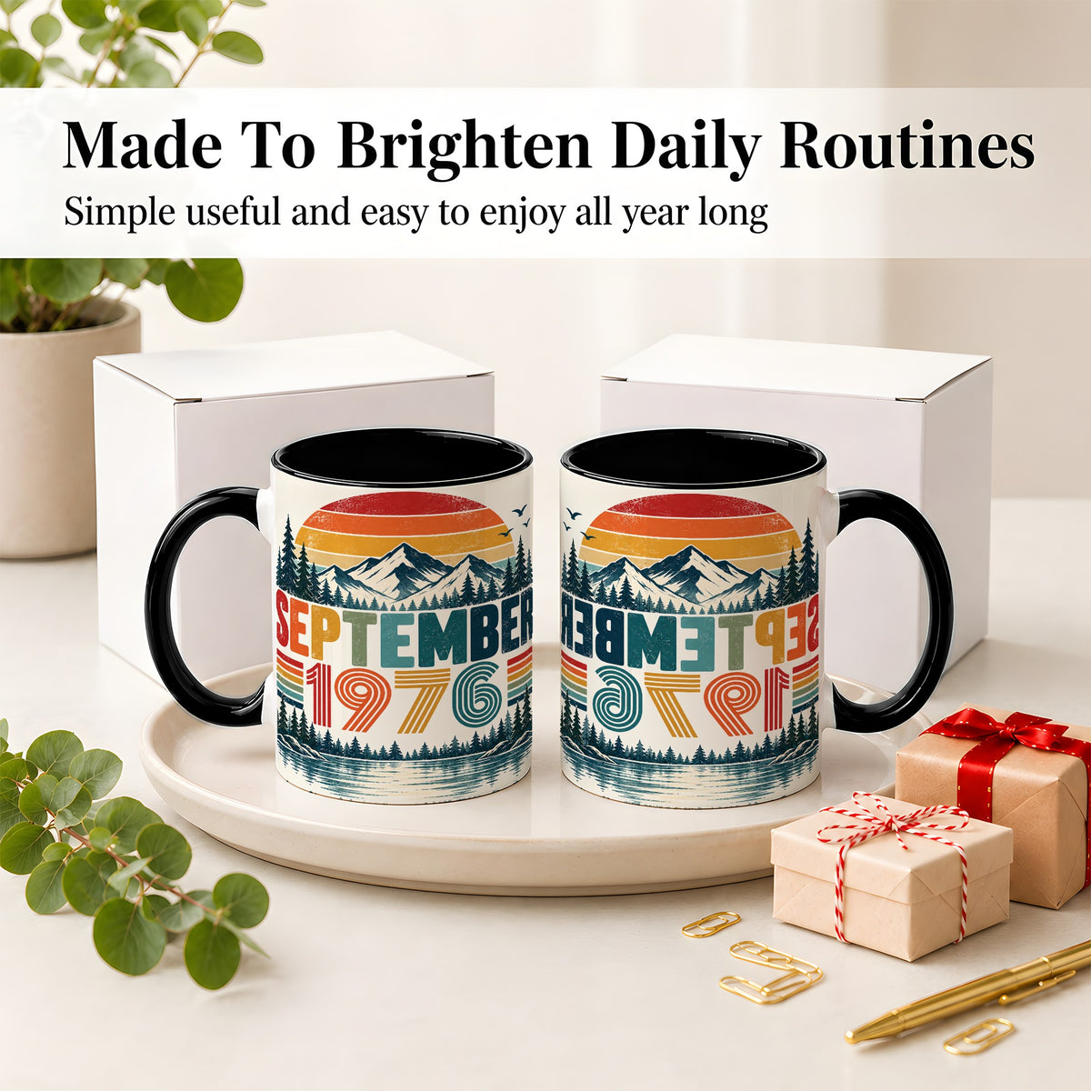#pl[11oz|Black] September 1976 Retro Ceramic Mug, Mountain Forest Lake Design
