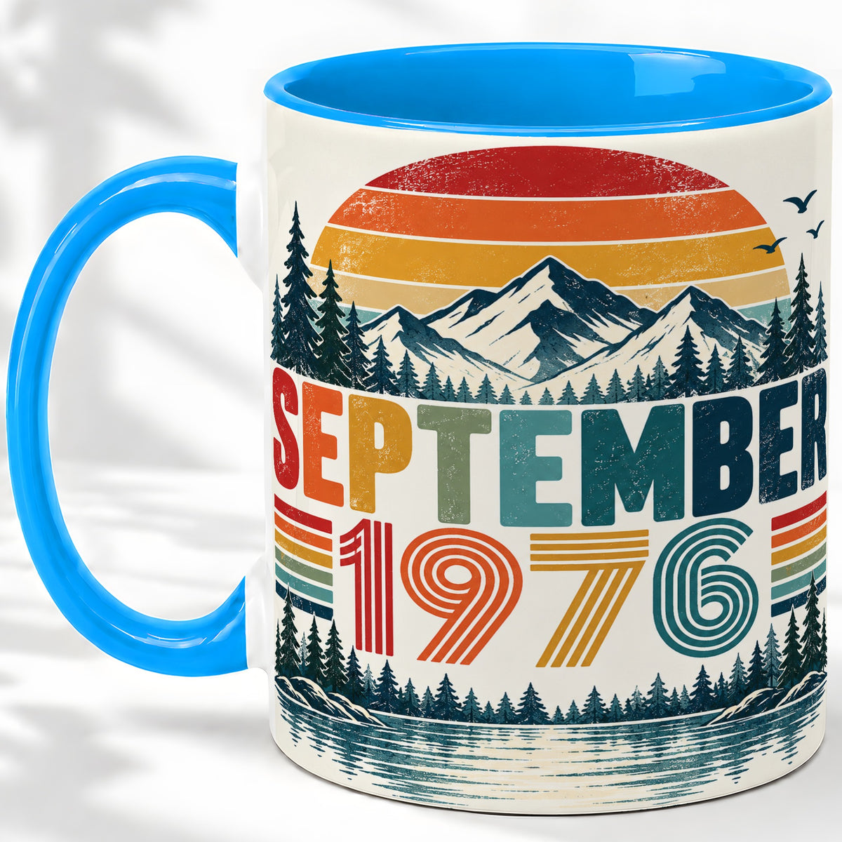 #pl[11oz|Blue] September 1976 Retro Ceramic Mug, Mountain Forest Lake Design
