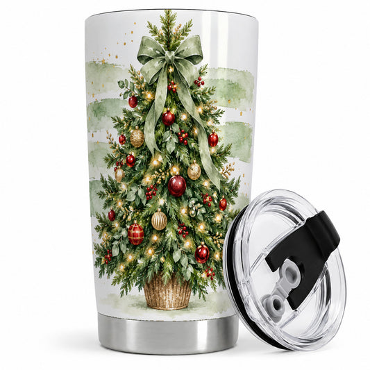 Sage Bow Christmas Tree 20oz Tumbler, Watercolor Holiday Artwork Drinkware
