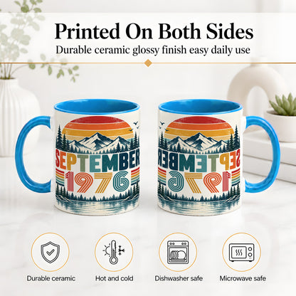 #pl[11oz|Blue] September 1976 Retro Ceramic Mug, Mountain Forest Lake Design
