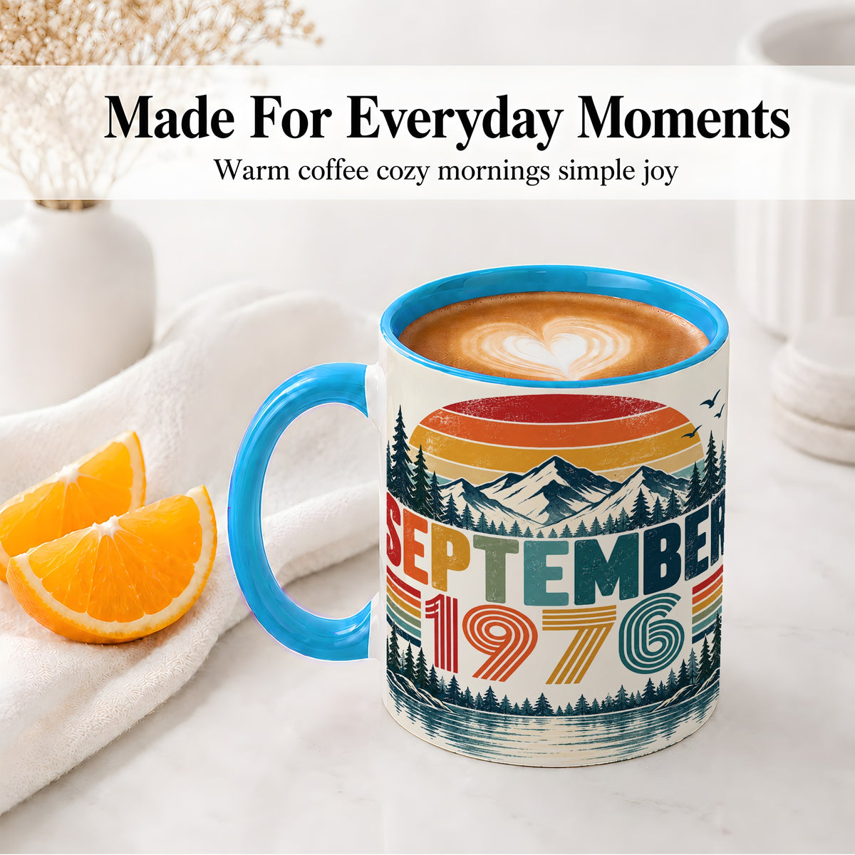 #pl[11oz|Blue] September 1976 Retro Ceramic Mug, Mountain Forest Lake Design