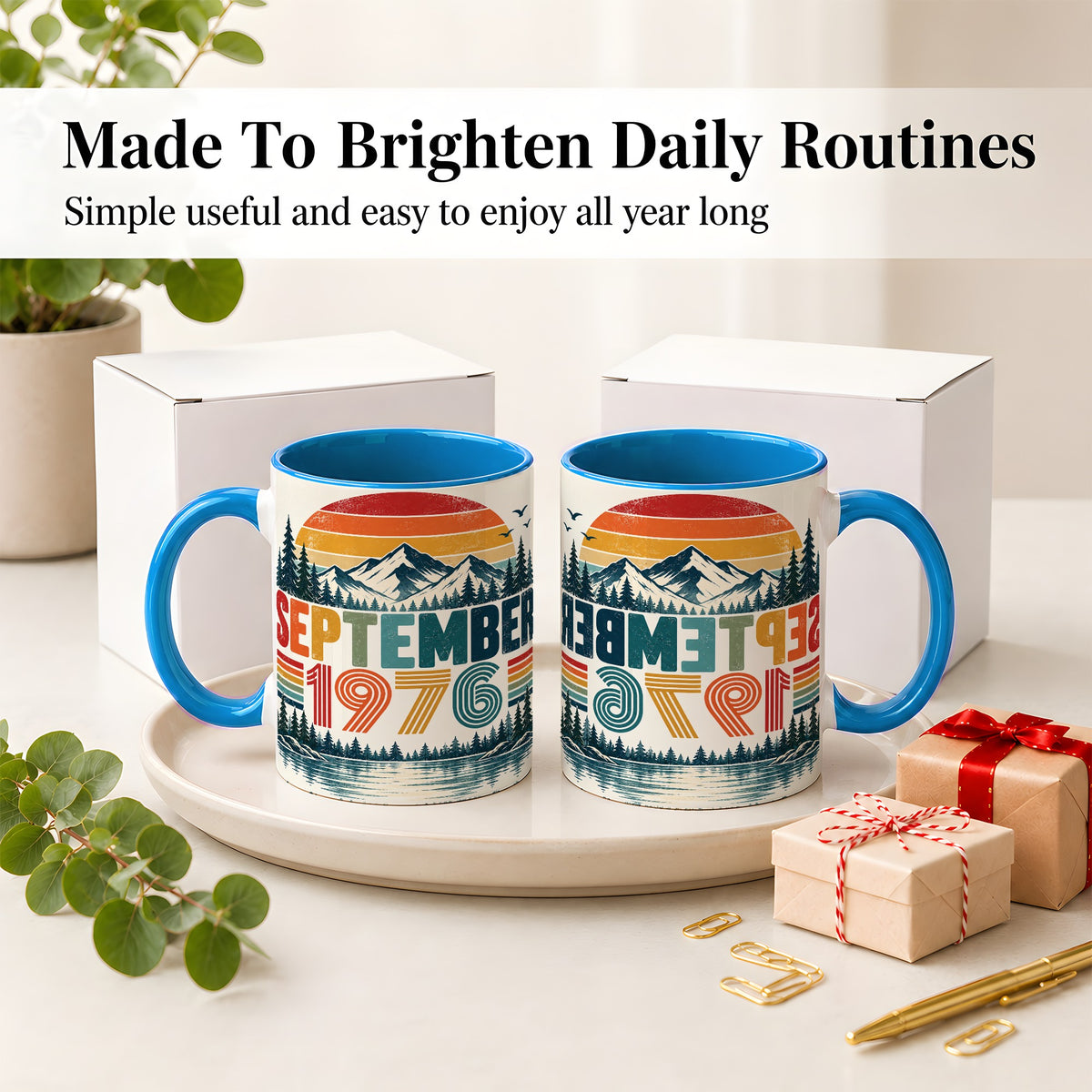 #pl[11oz|Blue] September 1976 Retro Ceramic Mug, Mountain Forest Lake Design