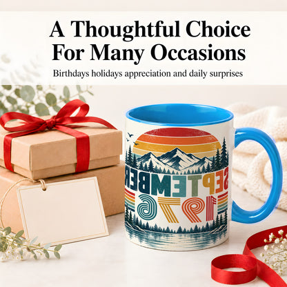 #pl[11oz|Blue] September 1976 Retro Ceramic Mug, Mountain Forest Lake Design