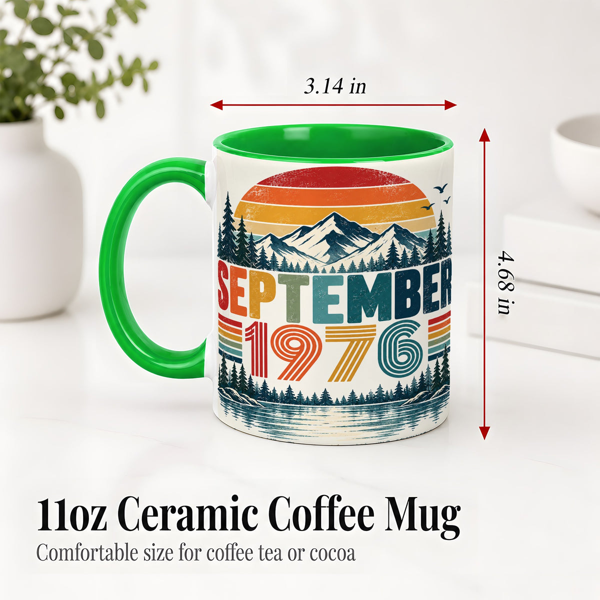 #pl[11oz|Green] September 1976 Retro Ceramic Mug, Mountain Forest Lake Design