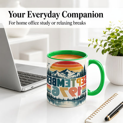 #pl[11oz|Green] September 1976 Retro Ceramic Mug, Mountain Forest Lake Design