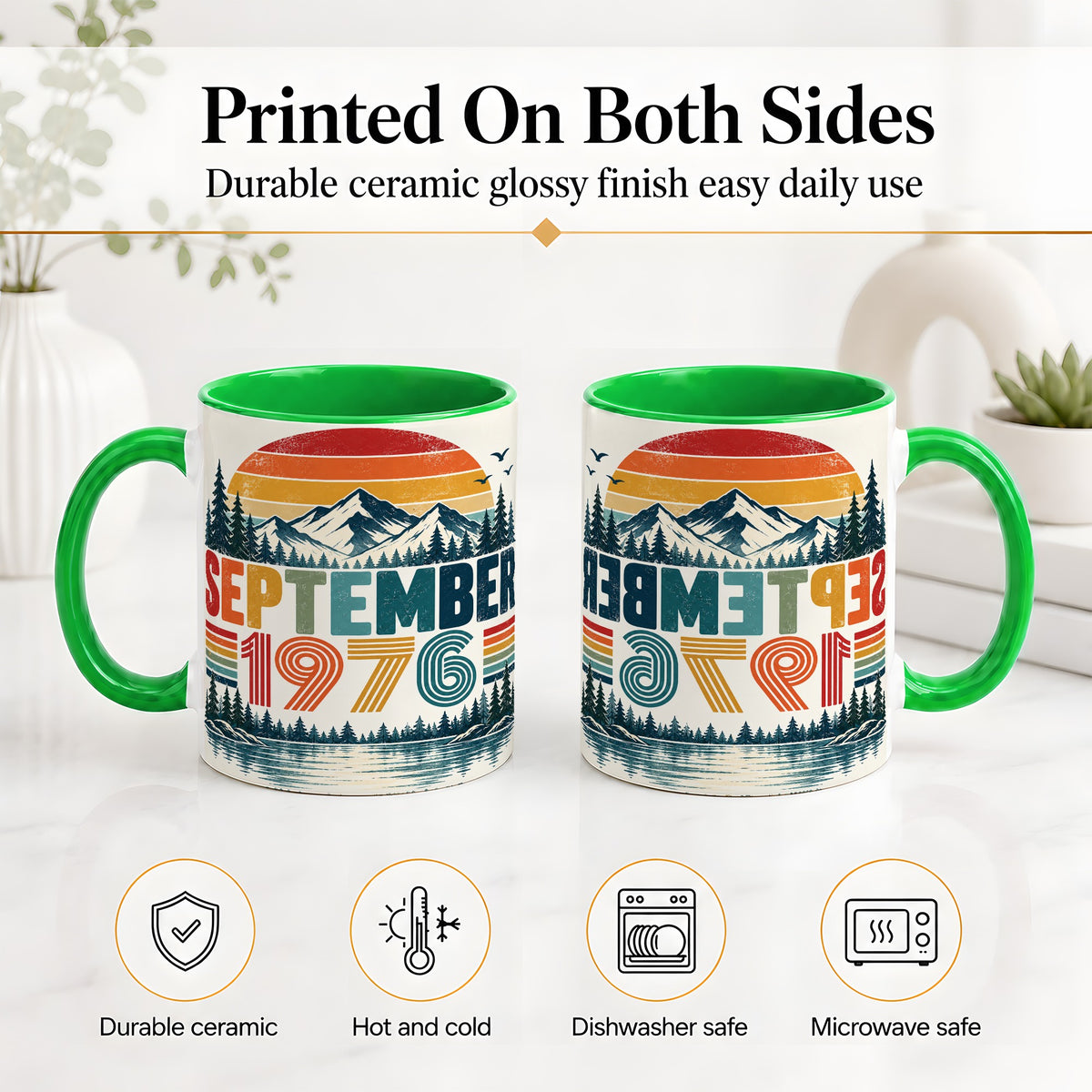#pl[11oz|Green] September 1976 Retro Ceramic Mug, Mountain Forest Lake Design