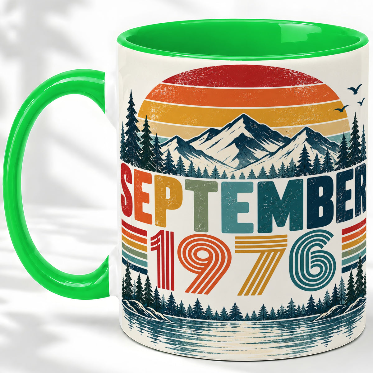 #pl[11oz|Green] September 1976 Retro Ceramic Mug, Mountain Forest Lake Design