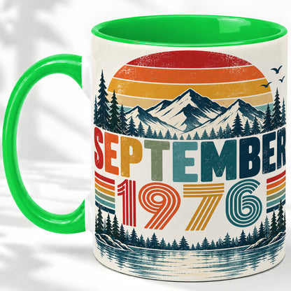 #pl[11oz|Green] September 1976 Retro Ceramic Mug, Mountain Forest Lake Design