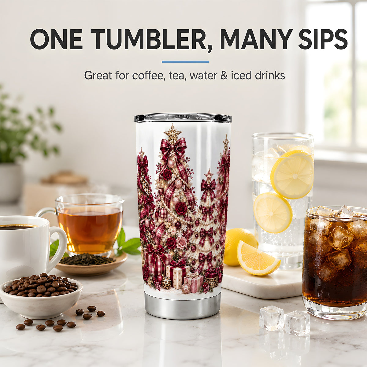 #pl[20oz|Steel] Burgundy Plaid Christmas 20oz Tumbler, Decorated Tree Holiday Artwork