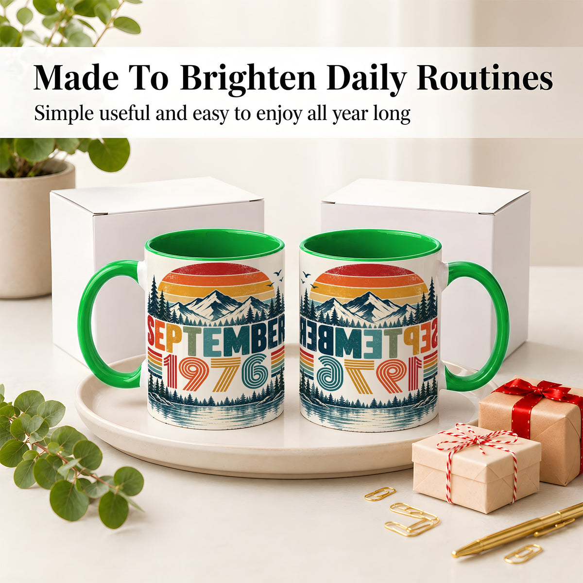 #pl[11oz|Green] September 1976 Retro Ceramic Mug, Mountain Forest Lake Design