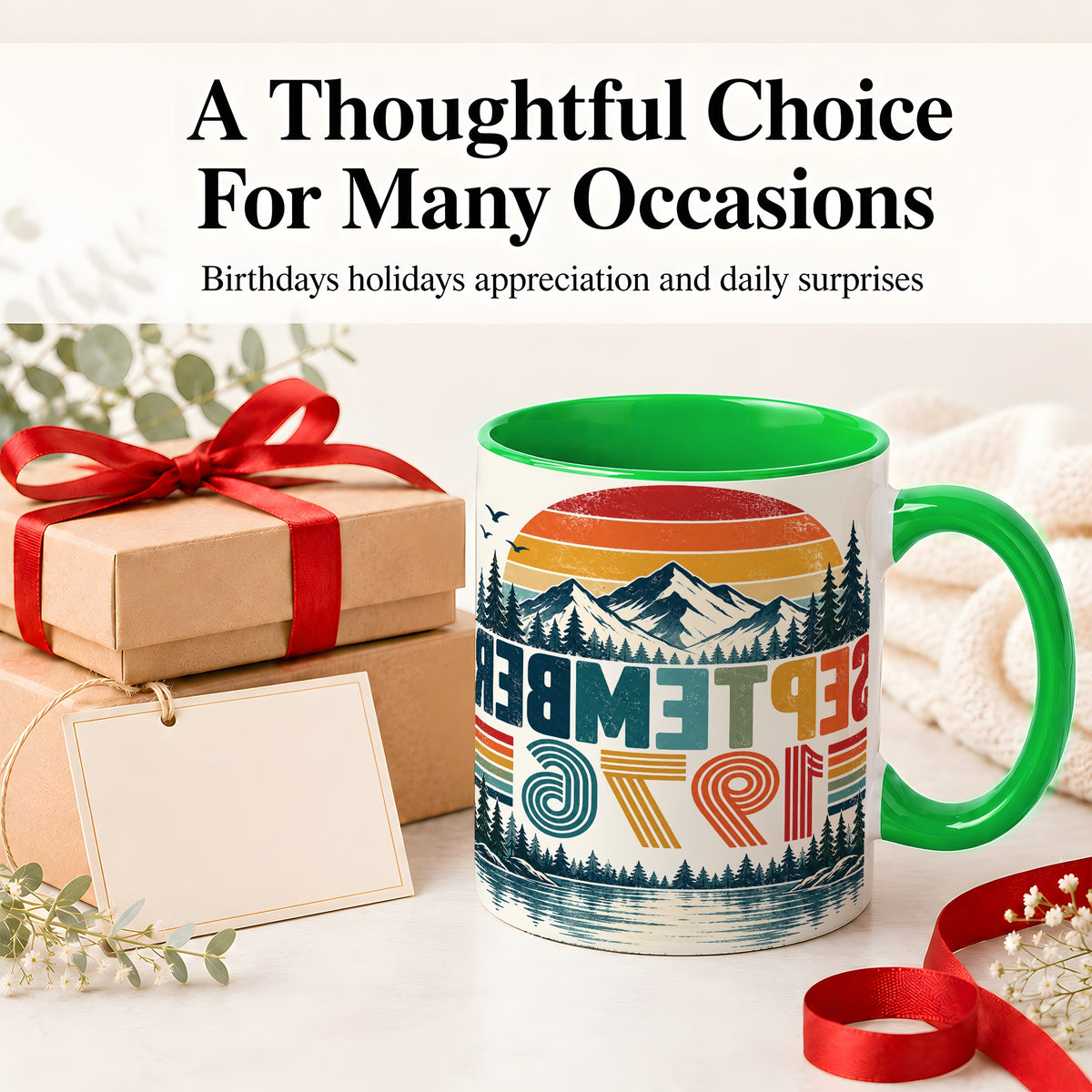 #pl[11oz|Green] September 1976 Retro Ceramic Mug, Mountain Forest Lake Design