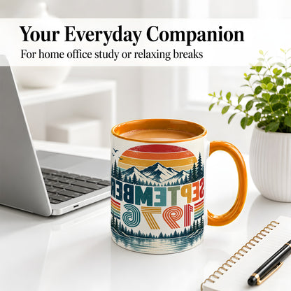 #pl[11oz|Orange] September 1976 Retro Ceramic Mug, Mountain Forest Lake Design