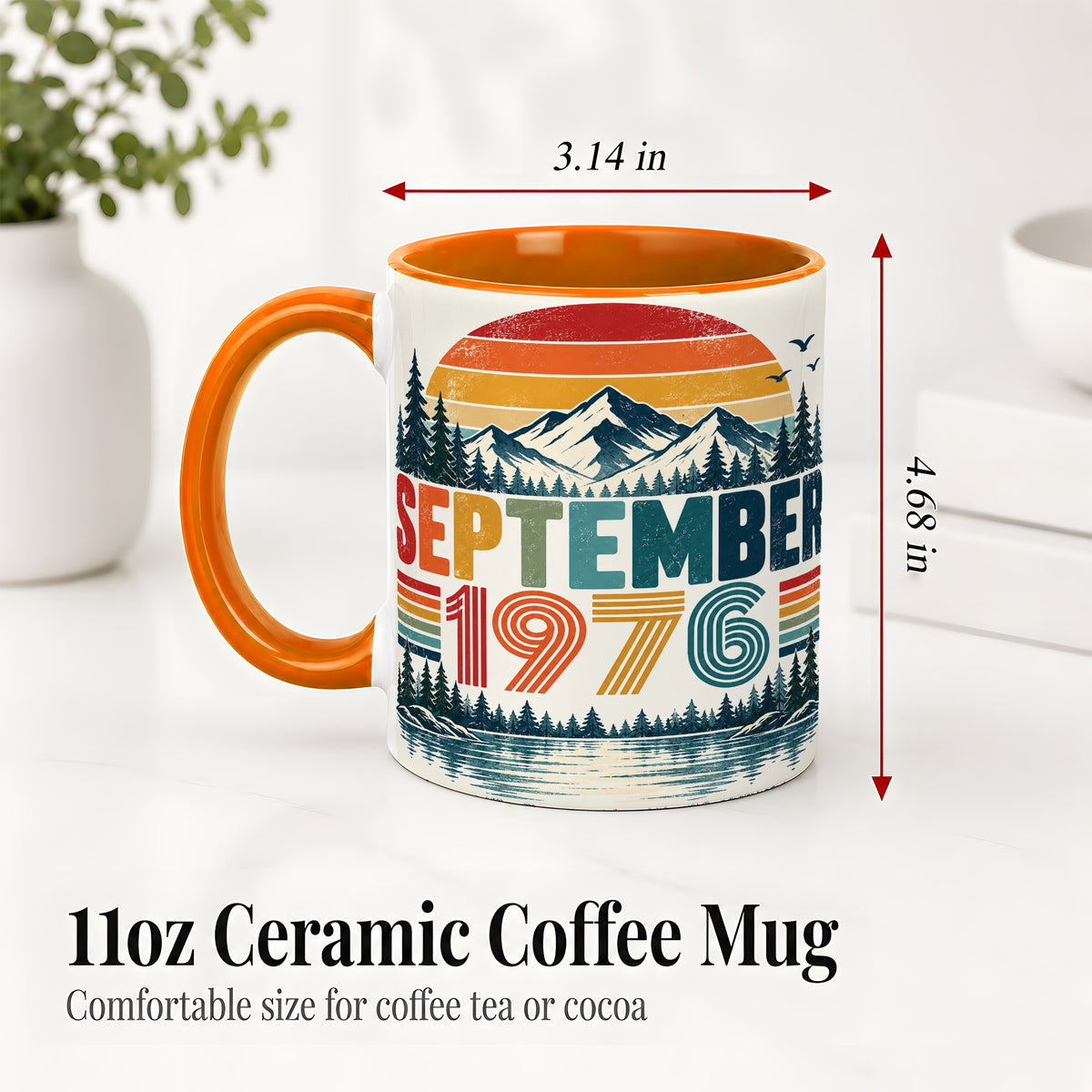 #pl[11oz|Orange] September 1976 Retro Ceramic Mug, Mountain Forest Lake Design