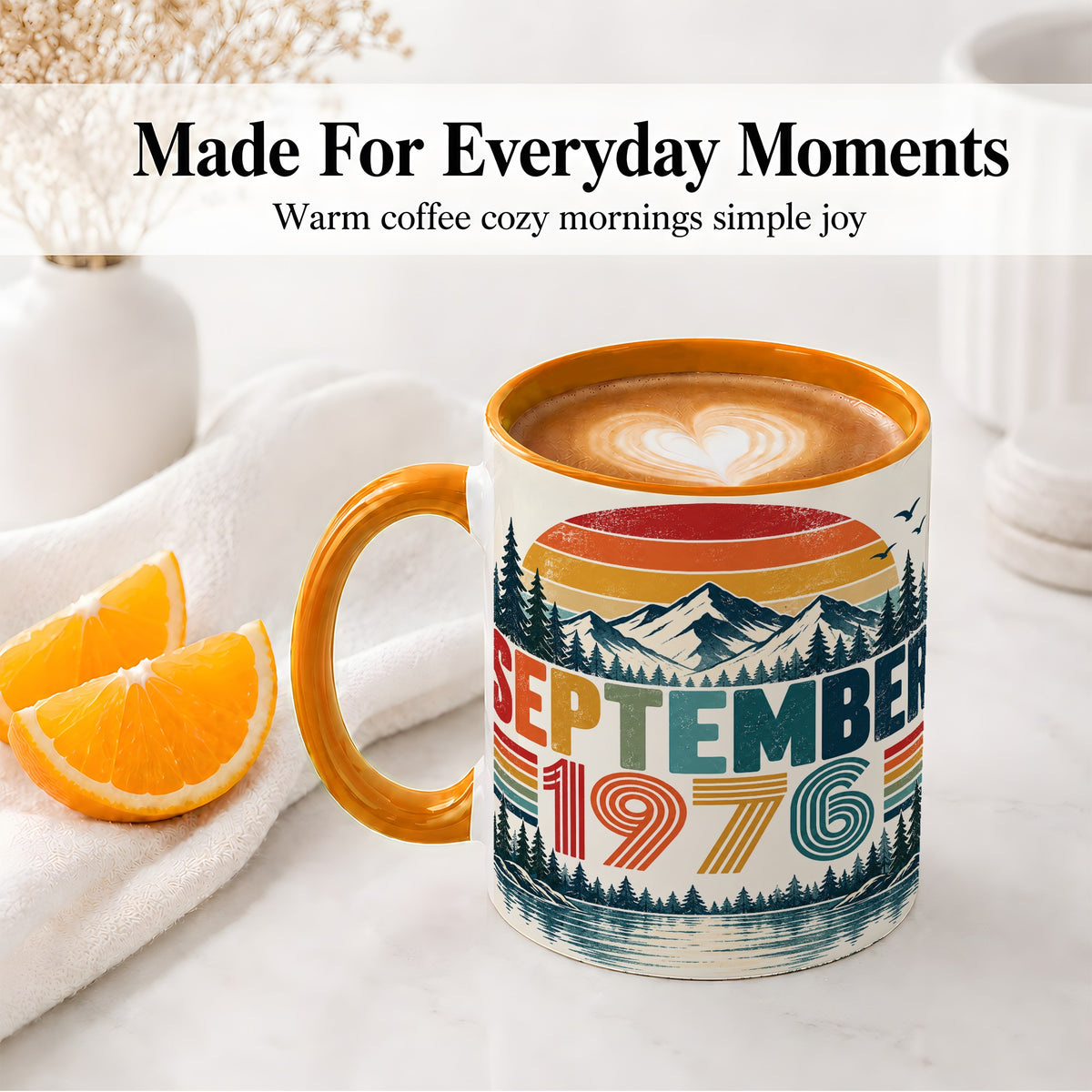 #pl[11oz|Orange] September 1976 Retro Ceramic Mug, Mountain Forest Lake Design