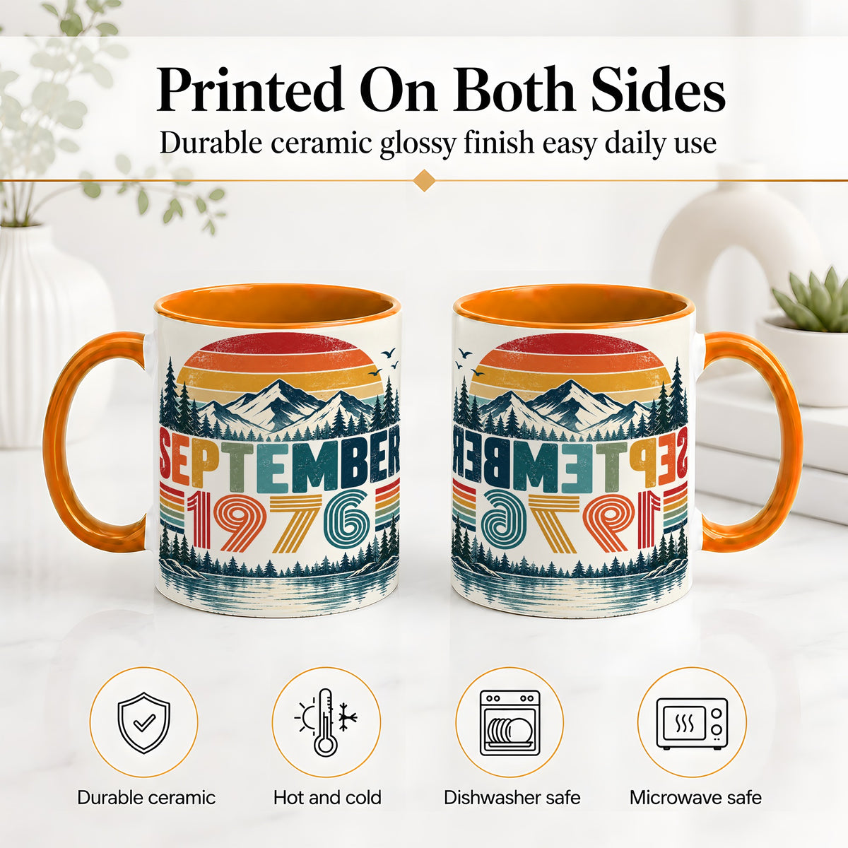 #pl[11oz|Orange] September 1976 Retro Ceramic Mug, Mountain Forest Lake Design
