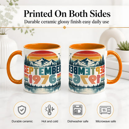 #pl[11oz|Orange] September 1976 Retro Ceramic Mug, Mountain Forest Lake Design