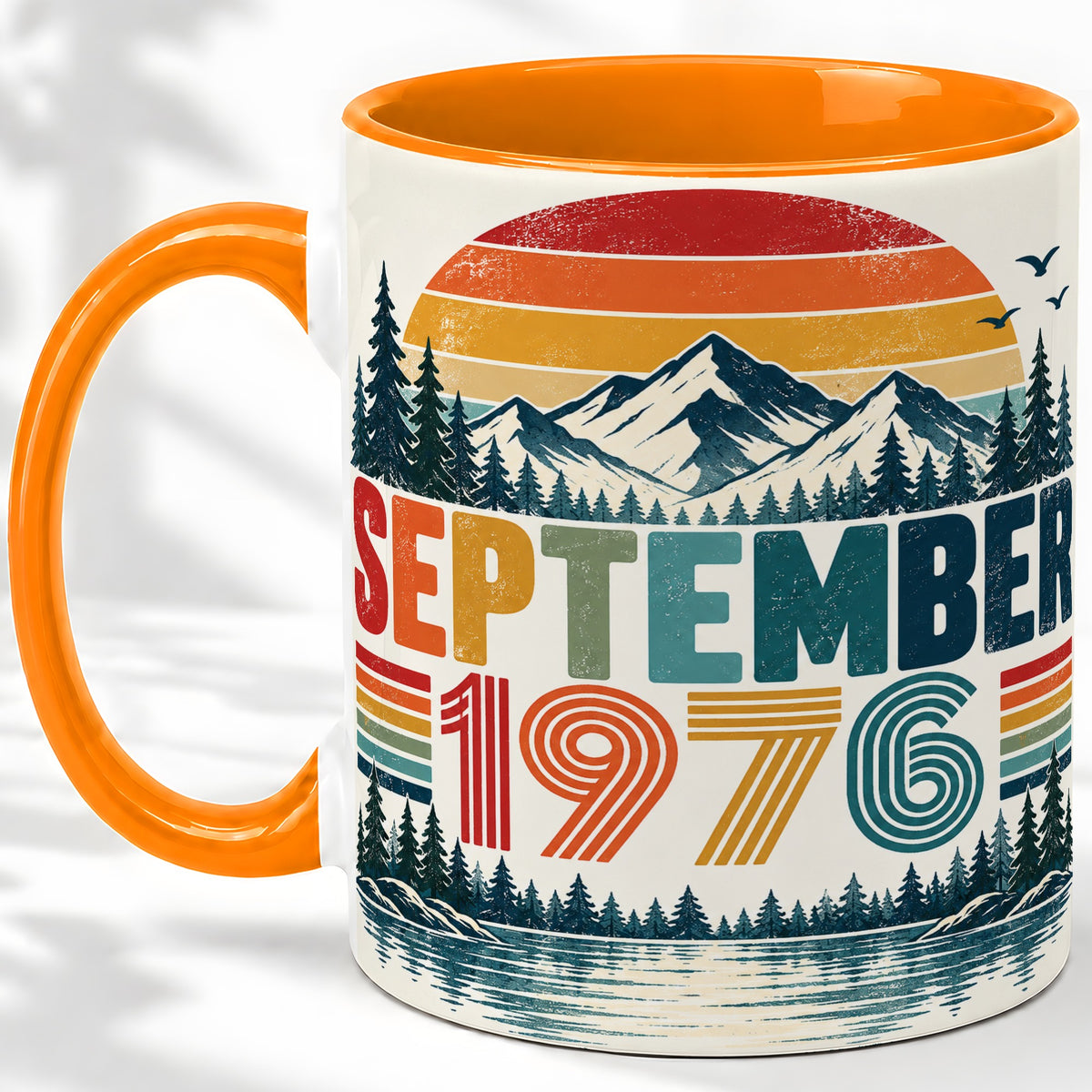 #pl[11oz|Orange] September 1976 Retro Ceramic Mug, Mountain Forest Lake Design