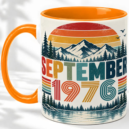 #pl[11oz|Orange] September 1976 Retro Ceramic Mug, Mountain Forest Lake Design